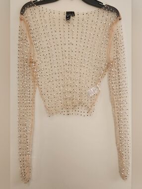 Windsor Beige Mesh Long Sleeve Top with Silver Rhinestones